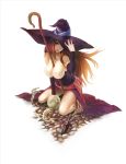  1girl akai_kitsune arm_support bare_shoulders between_breasts bone breasts brown_eyes brown_hair dagger dragon&#039;s_crown kneeling large_breasts long_hair looking_at_viewer planted_weapon skeleton solo sorceress_(dragon&#039;s_crown) staff weapon 