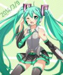  1girl 39 2014 dated detached_sleeves green_eyes green_hair hand_on_headphones hatsune_miku headphones headset ibarashiro_natou long_hair necktie open_mouth skirt solo thighhighs twintails very_long_hair vocaloid wink 
