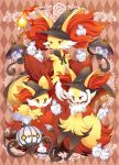  braixen chandelure clothed_pokemon delphox fennekin fire hat lampent litwick no_humans orange_eyes pokemon pokemon_(creature) pokemon_(game) pokemon_xy stick uppi witch_hat 