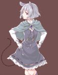  1girl akagashi_hagane animal_ears brown_background gloves grey_hair jewelry long_sleeves looking_at_viewer mouse_ears mouse_tail nazrin open_mouth pink_eyes shirt short_hair simple_background skirt skirt_set solo tail touhou vest white_gloves white_shirt 