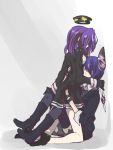  2girls black_dress blue_hair boots checkered_necktie dress dress_shirt eyepatch eyepatch_removed hair_intakes hair_over_eyes mechanical_halo multiple_girls myama purple_hair shirt short_hair skirt tatsuta_(kantai_collection) tenryuu_(kantai_collection) thighhighs 