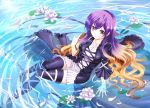  1girl arm_support black_legwear blonde_hair breasts flower gradient_hair hijiri_byakuren long_hair lotus multicolored_hair partially_submerged pinky_out purple_hair sekkarou_(hanjianwen00) solo thighhighs touhou water yellow_eyes zettai_ryouiki 