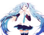  1girl aqua_eyes blue_hair detached_sleeves hand_on_own_chest hatsune_miku head_tilt headset highres long_hair matsuki_(mikipingpong) nail_polish necktie outstretched_arm skirt solo tears thighhighs twintails very_long_hair vocaloid white_background 