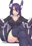  1girl and black_legwear breasts cleavage crossed_legs eyepatch grin headgear kantai_collection personification purple_hair school_uniform short_hair sitting skirt smile solo tenryuu_(kantai_collection) thighhighs yellow_eyes 