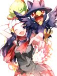  1girl ;d beanie blue_eyes blue_hair fang hair_ornament hairclip hat hikari_(pokemon) long_hair murkrow naru_(andante) open_mouth pokemon pokemon_(creature) pokemon_(game) pokemon_dppt scarf sleeveless sleeveless_shirt smile turtwig wink 