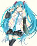  1girl aqua_eyes aqua_hair detached_sleeves grin hatsune_miku headset long_hair moegi0926 necktie smile solo thighhighs twintails v vocaloid wink 