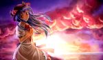  1girl blue_hair bow clouds food fruit hat head_tilt hinanawi_tenshi horizon layered_dress leaf long_hair looking_at_viewer outdoors peach puffy_short_sleeves puffy_sleeves raised_hand red_eyes shironeko_yuuki short_sleeves sky smile solo star_(sky) starry_sky sunset touhou wind 