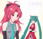  2girls 39 blush bow cosplay costume_switch crossover detached_sleeves green_eyes green_hair hair_bow hatsune_miku hatsune_miku_(cosplay) hayashiya_zankurou long_hair magical_girl mahou_shoujo_madoka_magica mouth_hold multiple_girls necktie pocky ponytail red_eyes redhead sakura_kyouko sakura_kyouko_(cosplay) twintails vocaloid 