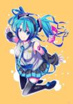  1girl aqua_eyes aqua_hair artist_name boots detached_sleeves hatsune_miku headphones highres musical_note necktie nuno_jin skirt smile solo thigh_boots thighhighs twintails vocaloid 