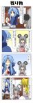  /\/\/\ 3girls 4koma alternate_costume animal_ears apron blonde_hair blue_eyes blue_hair blush bow brown_hair closed_eyes comic disappointed grey_hair hair_ornament hand_on_hip hands_on_hips highres hood kumoi_ichirin long_sleeves looking_back mouse_ears multicolored_hair multiple_girls nazrin o_o open_mouth rappa_(rappaya) red_eyes shirt smile surprised toramaru_shou touhou translated trolling two-tone_hair 
