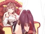  1girl black_legwear breasts brown_eyes brown_hair chair cleavage collarbone detached_sleeves hair_ornament japanese_clothes kantai_collection kongou_(kantai_collection) miko smile solo thighhighs tongue yonggi 