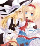  2girls :p alice_margatroid apron arm_grab blonde_hair blue_dress blue_eyes blurry blush capelet chocolate chocolate_heart depth_of_field dress hairband hand_on_another&#039;s_shoulder hat hat_ribbon heart kirisame_marisa long_sleeves mouth_hold multiple_girls necktie ribbon short_hair tongue tongue_out touhou tsuno_no_hito waist_apron witch_hat yellow_eyes yuri 