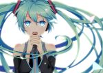  1girl aqua_hair bare_shoulders blue_eyes detached_sleeves hatsune_miku long_hair microphone open_mouth simple_background singing solo tobade_(tbdfactory) twintails vocaloid white_background 