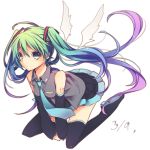  1girl 39 blue_hair boots detached_sleeves gradient_hair green_eyes green_hair hatsune_miku kuroi_(liar-player) long_hair looking_at_viewer multicolored_hair necktie purple_hair sitting skirt solo thigh_boots thighhighs twintails very_long_hair vocaloid wariza white_background wings 