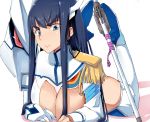  1girl adapted_costume armor black_hair blue_eyes boots breasts cleavage cleavage_cutout epaulettes high_heels katana kill_la_kill kiryuuin_satsuki large_breasts long_hair lying on_stomach sheath sheathed spikes sword tairannto thigh_boots thighhighs weapon 