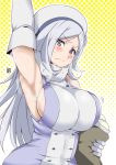  1girl aila_jyrkiainen aoi_manabu armpits blue_eyes blush breasts elbow_gloves frown gloves gundam gundam_build_fighters hat large_breasts long_hair looking_at_viewer raised_eyebrow silver_hair solo 