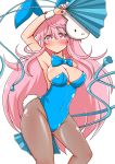  1girl animal_ears bare_shoulders black_legwear blush bowtie breasts bunny_girl bunny_tail bunnysuit cleavage detached_collar embarrassed fan folding_fan hata_no_kokoro highres large_breasts long_hair looking_at_viewer mask pantyhose pink_eyes pink_hair rabbit_ears rindou_(p41neko) simple_background solo tail tears touhou white_background wrist_cuffs 