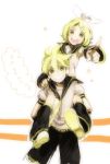  1boy 1girl belt blonde_hair brother_and_sister carrying grin hairband iko_(i-my-16) kagamine_len kagamine_rin piggyback pointing short_hair shorts siblings smile twins vocaloid 