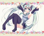  1girl armpits arms_up blue_eyes blue_hair detached_sleeves hatsune_miku headset kisaragi_kanata long_hair necktie skirt solo thighhighs twintails very_long_hair vocaloid 