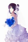  1girl blue_eyes blue_hair bouquet bridal_veil donkey_frist dress flower hair_bun highres hiradaira_chisaki long_hair nagi_no_asukara rose veil wedding_dress 