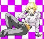  1girl arm_support bangs black_pants blonde_hair blue_eyes bowtie checkered checkered_background earrings fingerless_gloves formal gloves jewelry king_(snk) king_of_fighters long_sleeves mitake830 pant_suit pants parted_bangs parted_lips ryuuko_no_ken short_hair sitting solo suit 