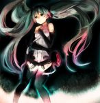  1girl elbow_gloves gloves green_eyes green_hair hatsune_miku highres keshitsubu miku_append pink_hair solo thighhighs twintails vocaloid vocaloid_append 