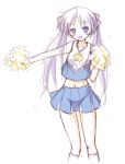  1girl blue_eyes blush cheerleader hiiragi_kagami long_hair looking_at_viewer lucky_star mel_(artist) midriff navel open_mouth pom_poms purple_hair simple_background smile solo tsurime twintails white_background 