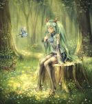  1girl anbe_yoshirou bird boots closed_eyes detached_sleeves flower green_hair hair_flower hair_ornament hair_ribbon hatsune_miku highres long_hair nature neckerchief parted_lips rabbit ribbon rough shirt sitting skirt solo squirrel stump thigh_boots thighhighs tree twintails very_long_hair vocaloid 