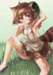  1girl animal_ears arm_up armpits bare_shoulders brown_eyes brown_hair cleavage futatsuiwa_mamizou looking_at_viewer raccoon_ears raccoon_tail short_hair skirt small_breasts smile solo tail tank_top touhou white-framed_glasses yohane 