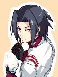  1boy :t akatsuki_(akatsuki_blitzkampf) akatsuki_blitzkampf black_gloves black_hair chopsticks eating gloves military military_uniform rice_bowl uniform yusano 