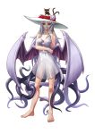  1girl barefoot black_cat cat dress hat highres horns lilim_(monster_girl_encyclopedia) long_hair maritan_(artist) monster_girl_encyclopedia multiple_tails original red_eyes solo tail tentacles very_long_hair white_hair wings 