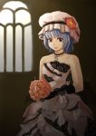  1girl alternate_costume amibazh bat_wings blue_hair bouquet dress elbow_gloves flower frilled_dress frills gloves highres jewelry looking_at_viewer mob_cap necklace red_eyes remilia_scarlet short_hair smile solo strapless_dress touhou wedding_dress wings 