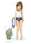  1girl :o ? bare_shoulders barefoot brown_eyes brown_hair holding i-401_(kantai_collection) innertube inu_(aerodog) kantai_collection open_mouth personification ponytail rensouhou-chan sailor_collar school_swimsuit short_hair short_ponytail solo swimsuit 