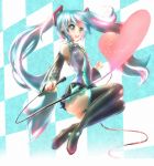  1girl aqua_hair boots checkered checkered_background detached_sleeves edaman green_eyes hatsune_miku heart long_hair microphone necktie skirt solo thigh_boots thighhighs twintails very_long_hair vocaloid 