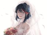  1girl bare_shoulders black_hair blue_eyes bouquet breasts bridal_veil bride cleavage dress feathers flower galanyu highlights jewelry kill_la_kill looking_at_viewer matoi_ryuuko multicolored_hair pendant red_rose redhead rose short_hair solo spoilers strapless_dress tears two-tone_hair veil wedding_dress white_dress 