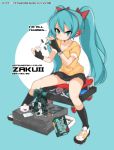  1girl 2014 aqua_eyes aqua_hair dated fingerless_gloves gloves gundam hatsune_miku headphones highres long_hair model panties pantyshot pantyshot_(sitting) sitting skirt socks solo striped striped_panties twintails underwear very_long_hair vocaloid watch yajirushi_kaku zaku 