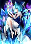  1girl adapted_costume bare_arms bare_shoulders barefoot blue_eyes blue_hair bow cirno collarbone dress facing_away gradient gradient_background hair_bow highres ice_crystal knees_up light_particles open_hands parted_lips raised_hand short_hair solo terayun_(teratomoinu) touhou 