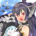  2girls =_= black_hair blue_hair blue_skin blush chibi fang headgear kantai_collection long_hair looking_at_viewer multiple_girls mushi_gyouza nagato_(kantai_collection) ocean open_mouth personification red_eyes ro-class_destroyer shinkaisei-kan tsurime wo-class_aircraft_carrier 