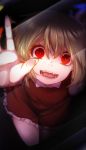  1girl against_glass blonde_hair darkness fangs flandre_scarlet fourth_wall looking_at_viewer open_mouth outstretched_arm outstretched_hand phone_screen red_eyes reflection slit_pupils smile solo terimayo touhou wings 
