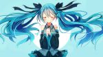  1girl aqua_hair blush character_name closed_eyes detached_sleeves floating_hair hair_ribbon hands_on_own_chest hatsune_miku highres kurumi_(69a4y) long_hair necktie ribbon skirt smile solo twintails very_long_hair vocaloid 
