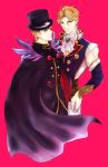  2boys blonde_hair blue_eyes cape claws detached_sleeves dio_brando dual_persona feathers hat highres jojo_no_kimyou_na_bouken multiple_boys oshiruko0803 pink_background red_eyes simple_background top_hat vampire 