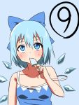  (9) 1girl blue_background blue_eyes blue_hair blush bow cirno collarbone eating hair_bow ice ice_wings popsicle shinori short_hair solo sweat touhou wings 