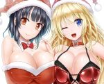  2girls atago_(kantai_collection) bare_shoulders black_hair blonde_hair blue_eyes breasts brown_eyes cleavage collar detached_sleeves hat heart kantai_collection large_breasts multiple_girls nail_polish open_mouth personification santa_costume santa_hat short_hair smile takao_(kantai_collection) wink y2 