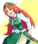  1girl arms_at_sides beret blue_eyes blush_stickers braid breasts chinese_clothes clenched_hands dragon dragon_girl dragon_horns dragon_tail eastern_dragon green_clothes hat hong_meiling hong_meiling_(dragon) large_breasts long_hair long_sleeves looking_at_viewer pointy_ears redhead side_slit slit_pupils smile smiley_face solo star tail tangzhuang touhou twin_braids 