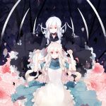  2girls blonde_hair dress dual_persona ewigkey flower hair_ribbon kagerou_project kozakura_mary long_hair multiple_girls outer_science_(vocaloid) red_eyes ribbon smile tears white_hair 