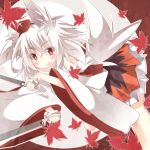  1girl animal_ears autumn_leaves blush daidai_ookami detached_sleeves dual_wielding fang hat inubashiri_momiji long_sleeves looking_at_viewer open_mouth red_eyes shirt silver_hair skirt solo sword tail tokin_hat touhou weapon wide_sleeves wolf_ears wolf_tail 
