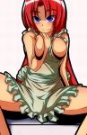  1girl apron arm_support bare_shoulders between_breasts blue_eyes blush braid breasts curvy hand_on_own_chest hong_meiling large_breasts legs_apart long_hair looking_away mound_of_venus naked_apron redhead sitting solo teikoku_gensui touhou twin_braids 