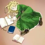  1girl book crayon drawing dress expressionless full_body green_dress ib iko_(i-my-16) long_hair looking_away lying mary_(ib) notebook open_book shoes solo very_long_hair 
