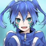  1girl bandage_on_face blue_hair ene_(kagerou_project) kagerou_project looking_at_viewer open_mouth sleeves_past_wrists solo track_jacket twintails 