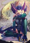  1girl blonde_hair blood blue_dragon_caller_sonia chari dragon dragon_girl dragon_tail green_eyes headdress heterochromia puzzle_&amp;_dragons tail violet_eyes 